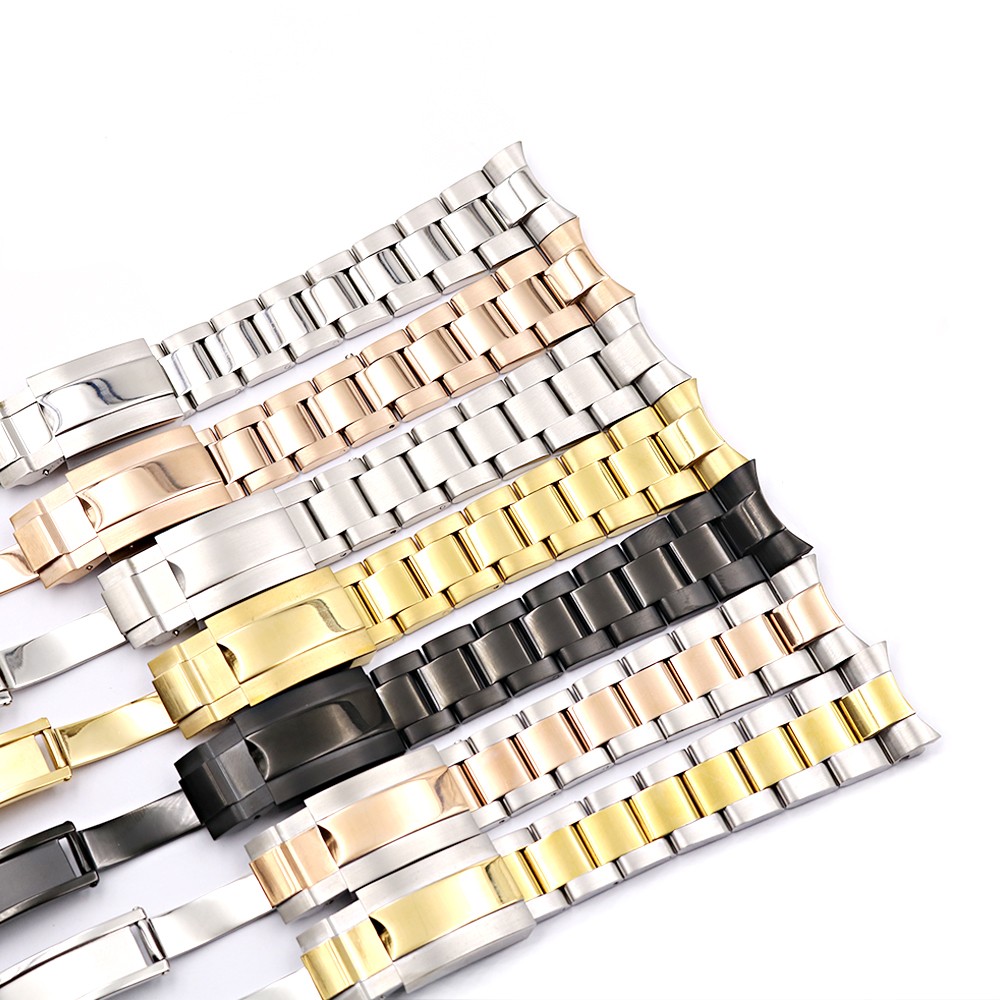 CARLYWET 20mm Middle Gold Solid Watch Band Curved End Screw Links Steel Clasp Bracelet For Rolex Oyster Subamriner Daytona GMT