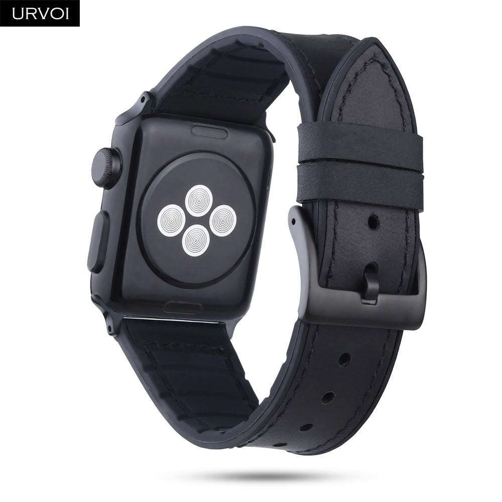 URVOI Strap for Apple Watch Series 7 6 SE 5 4 3 2 1 Leather Strap Silicone Back for iwatch Strap Breathable 41 45mm Buckle Black