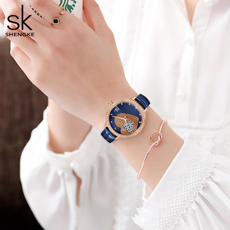 Quartz Watch for Women Luxury Fashion Leather Wristwatch Female Anniversary Gift Office Casual Shopping Rhinestone Heart Clock