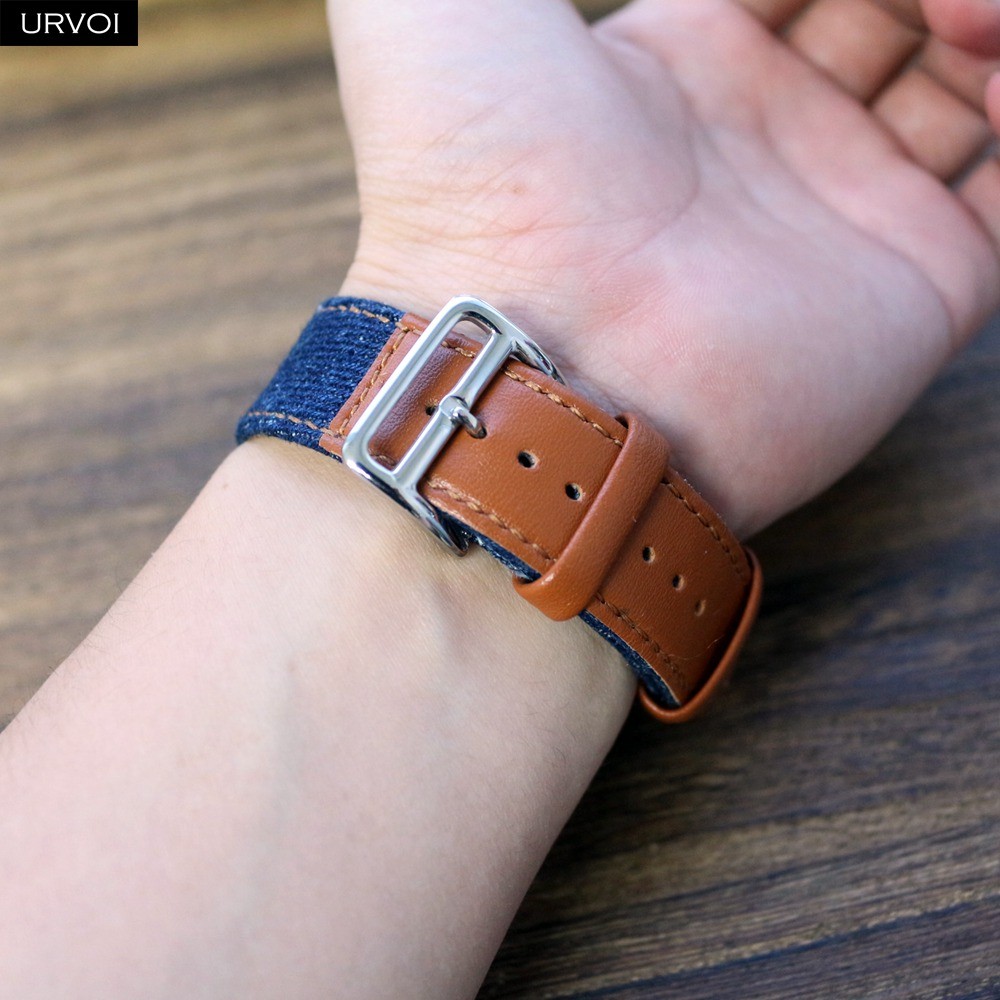 URVOI Canvas Band for Apple Watch Series 7 6 SE 5 4 3 2 1 Strap for iwatch 41 45mm Jeans with Leather Back Wrist Band 38 42mm