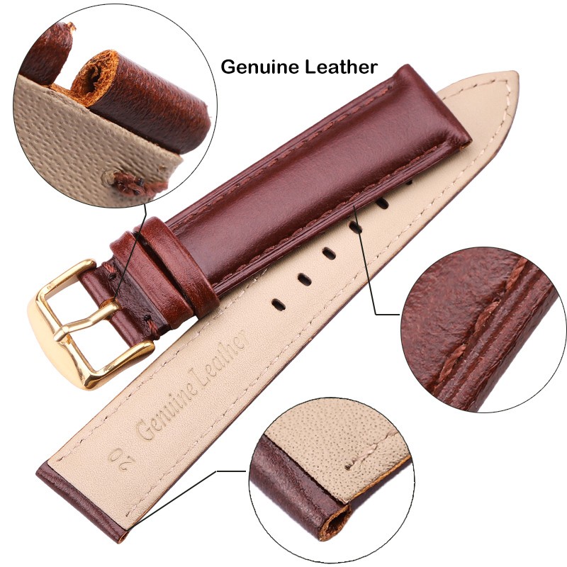 Cowhide Watch Band Bracelet 18 19 20 21 22 24mm Brown Black Women Men Soft Strap with Silver Pin Golden Buckle Watchband