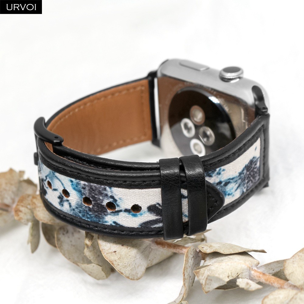 URVOI Band for Apple Watch Series 7 6 SE 5 4 321 Genuine Leather Strap for iWatch Ink and Wash Painting Pin Buckle 38 40 42 44mm