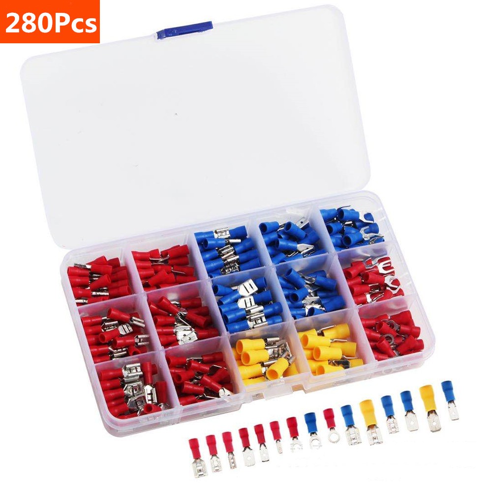 280pcs/set Cable Lugs Assortment Kit Flat Wire Female and Male Insulated Electrical Wire Connectors Cable Terminals Crimp Terminal Set Kit