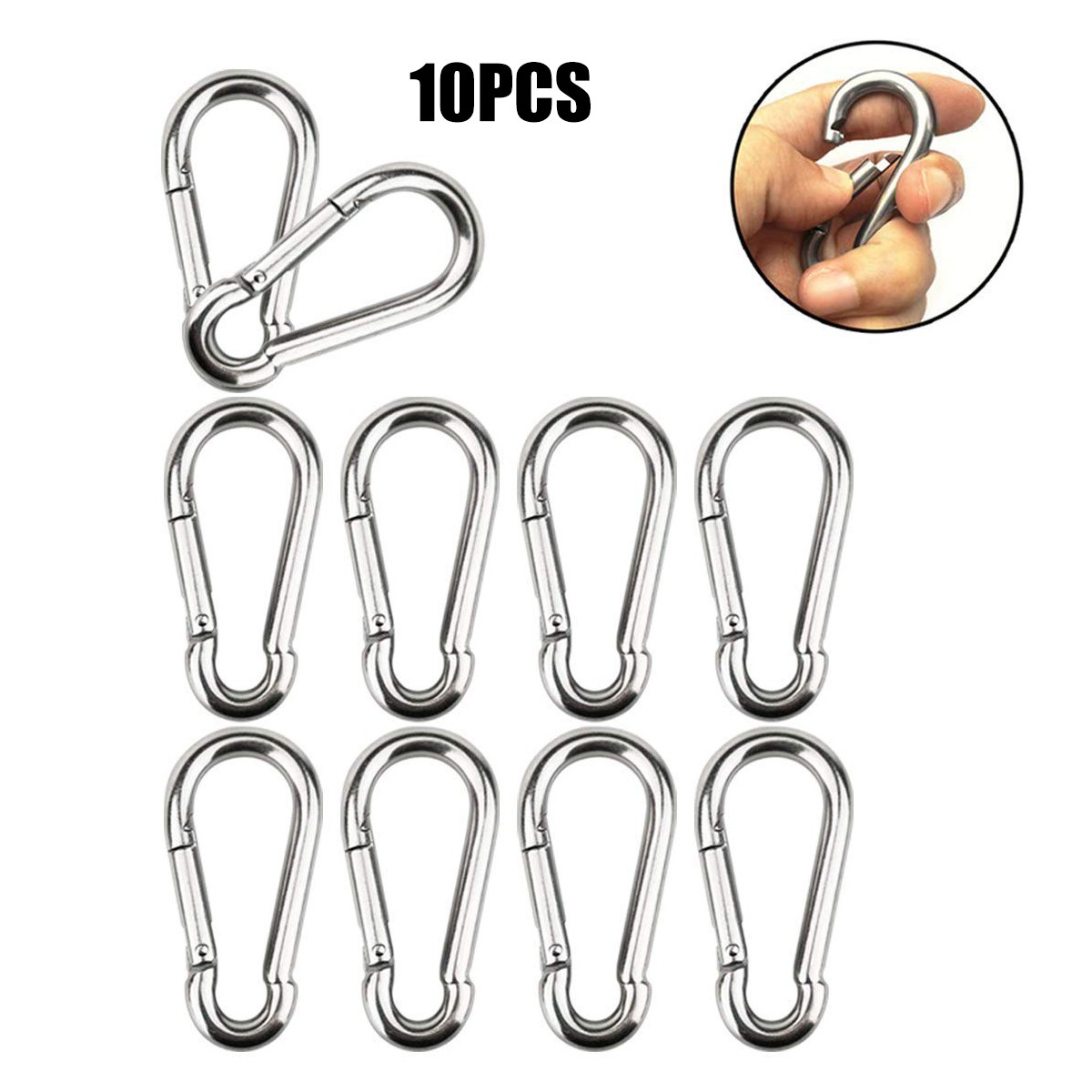 10pcs Spring Hook Stainless Steel Ring Steel Clips Keychain Heavy Duty Quick Link for Camping Hiking Travel In Stock