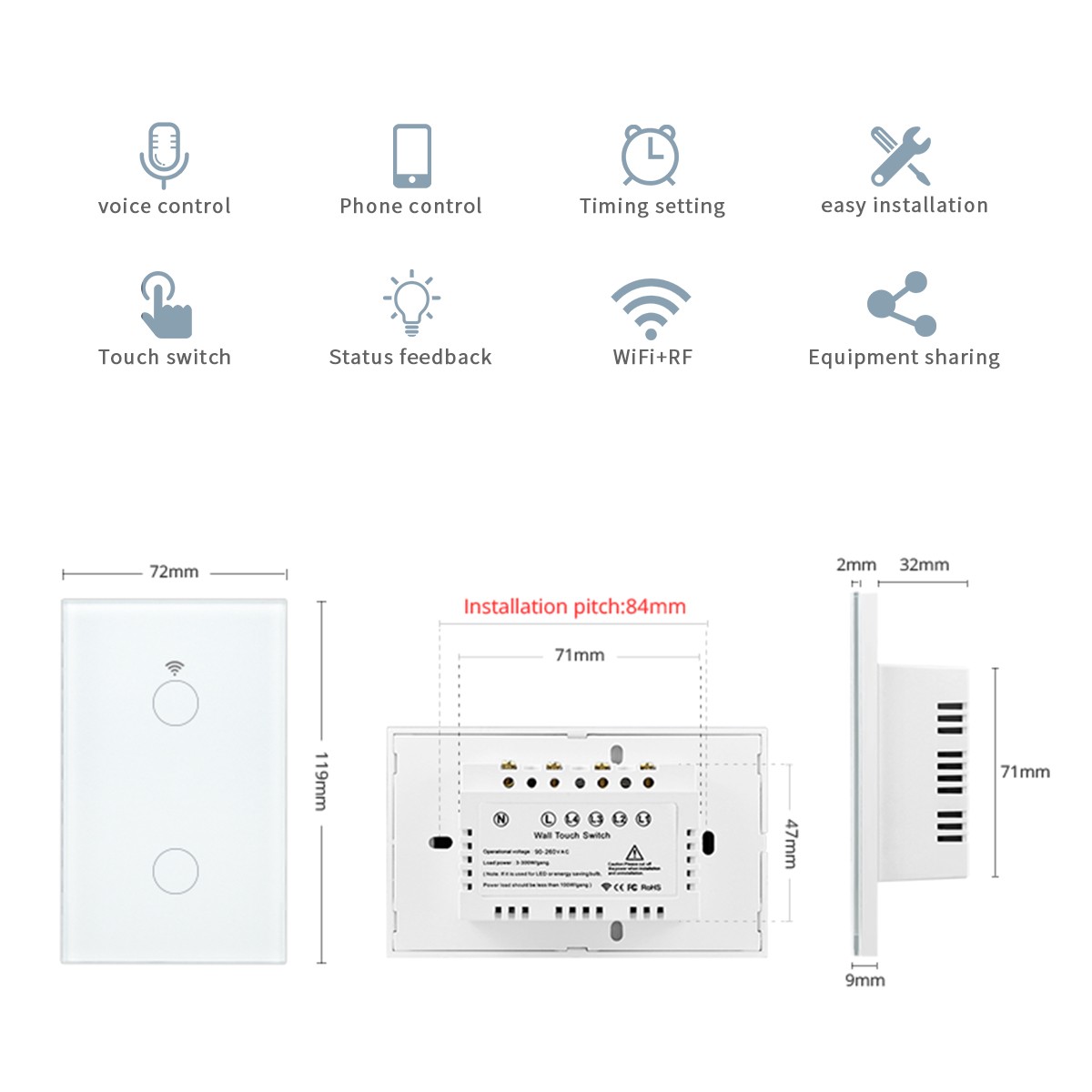 Tuya - Connected Wall Switch, Wi-Fi, Touch Sensor, 110V/220V, Neutral Wire Required, Voice Control, Compatible with Alexa and Google Home