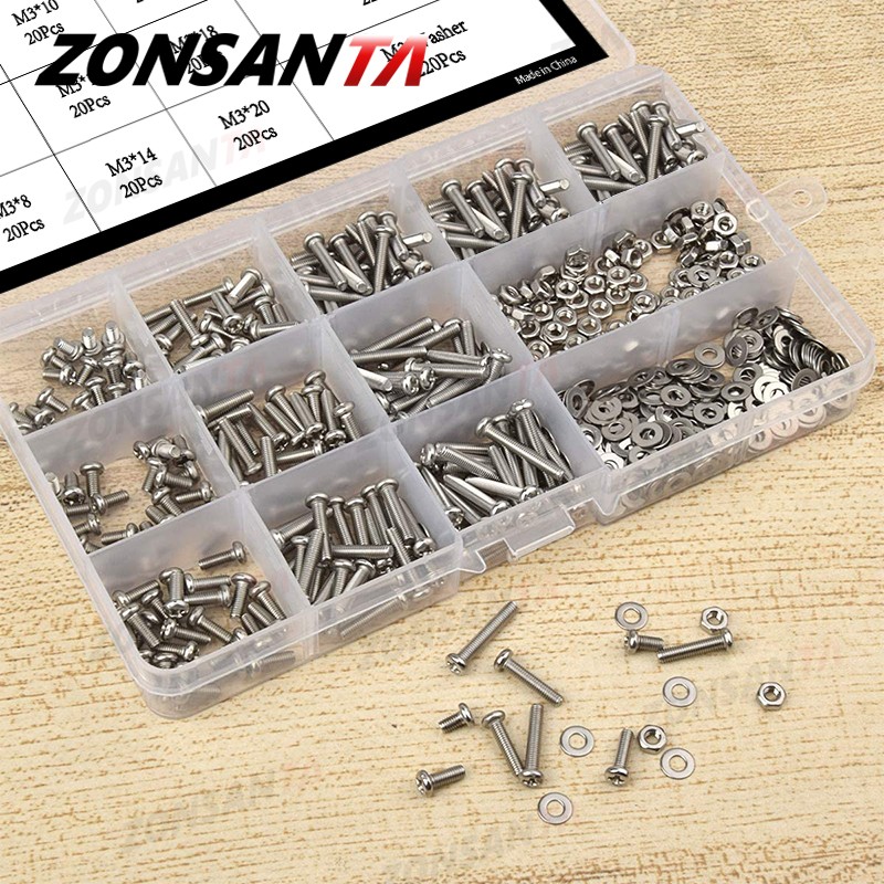 ZONSANTA 480/660pcs Cross Round Head Screw Set M2 M2.5 M3 M4 Ring Nut Stainless Steel Screw Phillips Head Machine Screw