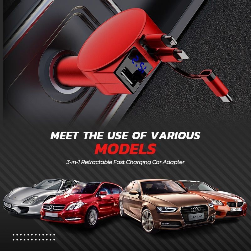 3 in 1 Retractable Fast Charging Car Adapter Car Charger QC4.0 PD Quick Charge for iPhone, Android, and Type C phones drop shippi