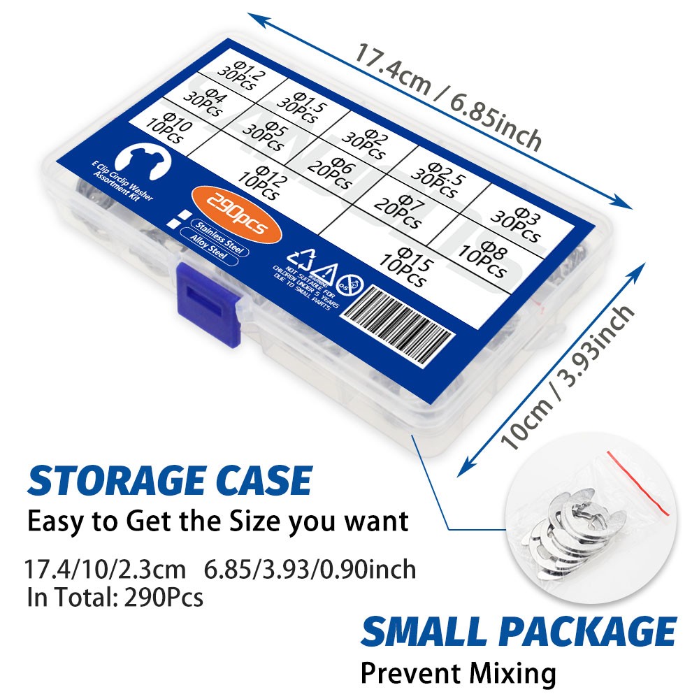 290pcs Alloy Steel E Clip Circuits Washer Assortment External Circles Retaining Ring For Shaft Fastener Shaft Pulley 1.2-15mm