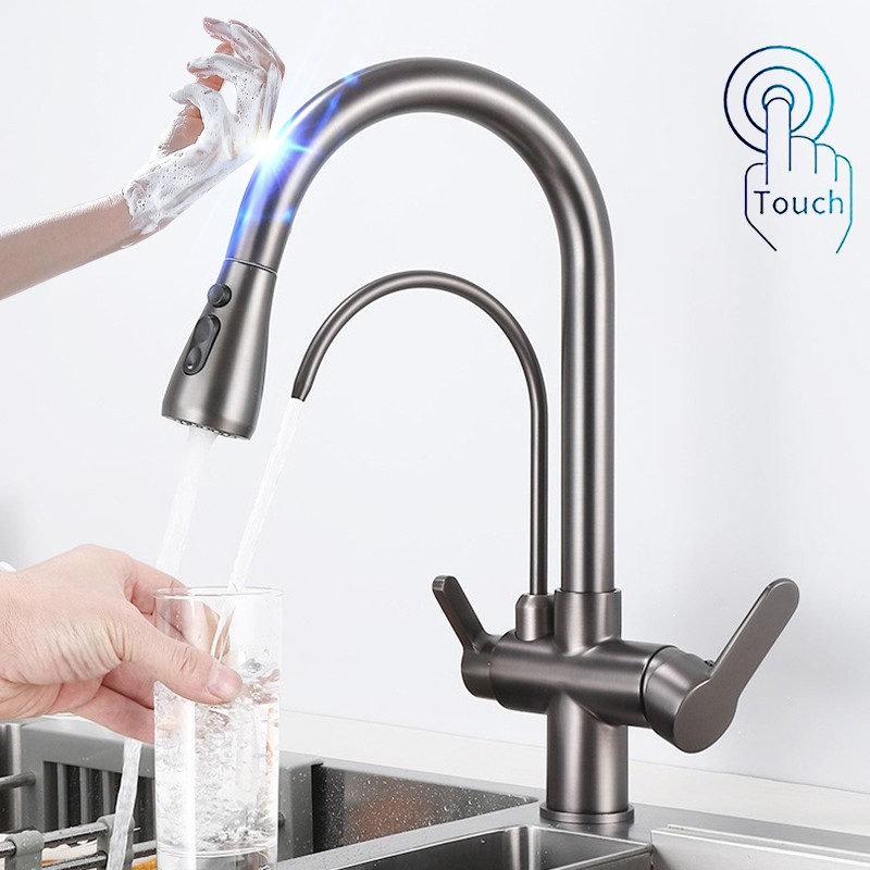 Hot Cold Touch Filter Kitchen Faucets With Sprayer Pull Down Brass Kitchen Mixer Tap Sensitive Smart Sensor Touch Kitchen Faucet