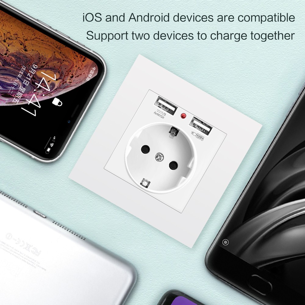 EU Power Socket,Socket With Usb Charging Port 2.1A 16A Sliver Computer Board 86mm*86mm Russia Spain SRAN Wall Socket