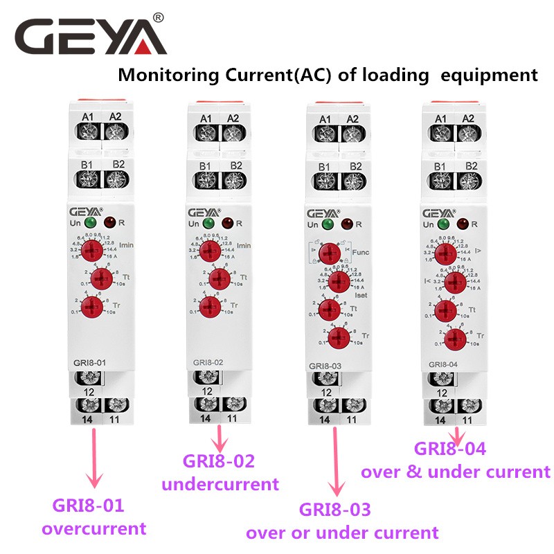 GEYA GRI8 Relay Current Monitoring Range Overcurrent Hidden Switch 0.05A-16A AC24-240V or DC24V