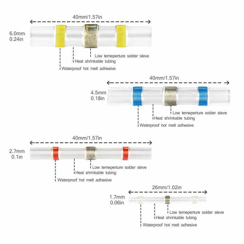 50/100/250pcs Mixed Heat Shrink Connect Terminals Waterproof Solder Sleeve Tube Insulated Electrical Wire Butt Connectors Kit