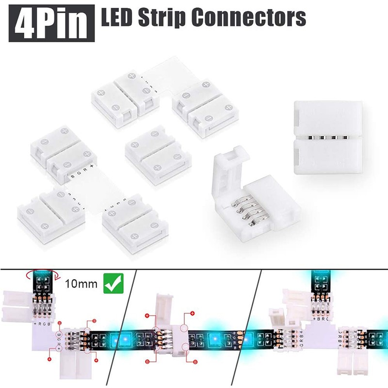 101pcs 4 Pin 10mm Connector Terminal Splice L T I Shape for RGB 5050 LED Strip Jumper Wire Connector Adapter Accessories Kit