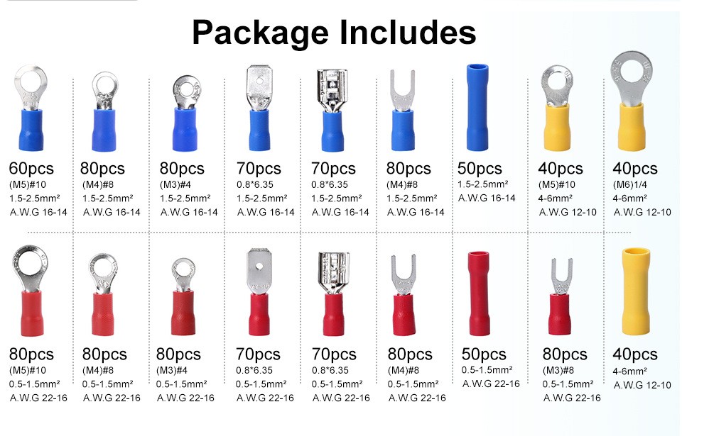 Crimp Spade Terminal Assorted Electrical Wire Cable Connector Kit Crimp Spade Insulated Ring Fork Spade Butt Set