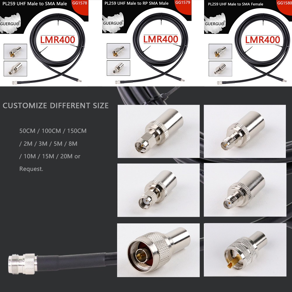 SMA Male to UHF Male PL259 Plug LMR400 Cable 50 Ohm Low Loss RF Coaxial Pigtail WiFi Radio Antenna Extension Jumper Cord