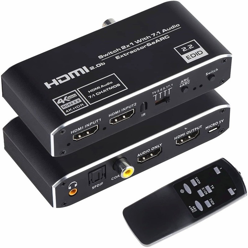 HDMI Compatible Audio Extractor, 2x1 2.0 Switcher 4k60hz Erc Switcher Supports 3D, Arc and Optical Toslink HDR Switcher for PS3