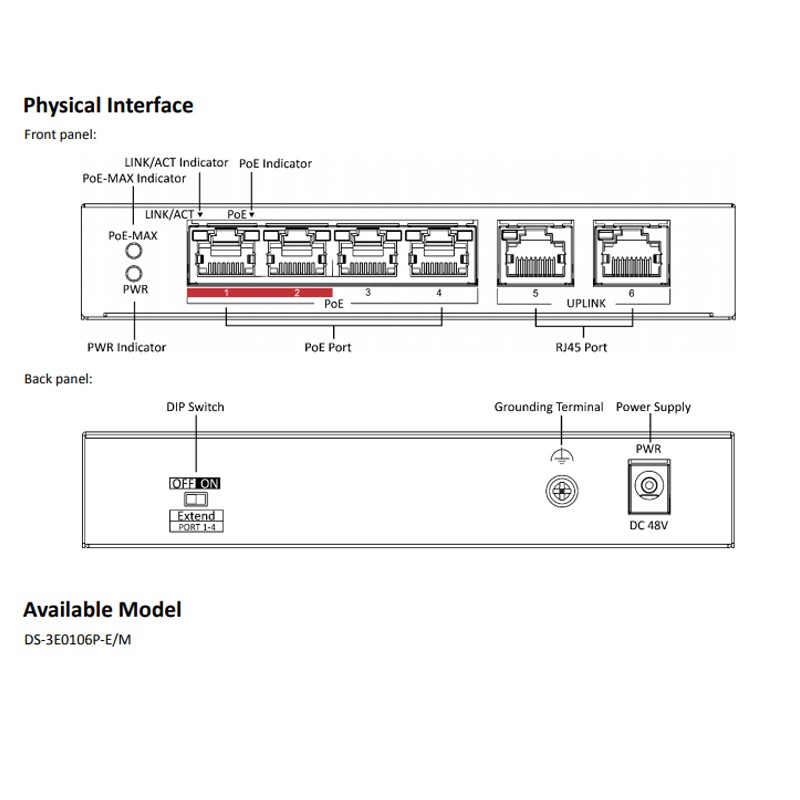 Hikvision 100Mbps Fast Ethernet Unmanaged PoE Switch DS-3E0106P-E(4POE+2CH) and DS-3E0110SP-E(8POE+2CH) RJ45 Port DC 48V Camera