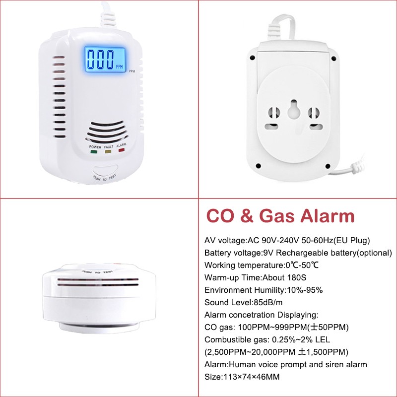 Combination CO Carbon Carbon Monoxide Detector Combustion Sensitive Gas Leak Sensor Auto Detection Failure Fire Alarm EU Plug AC 90V-220V