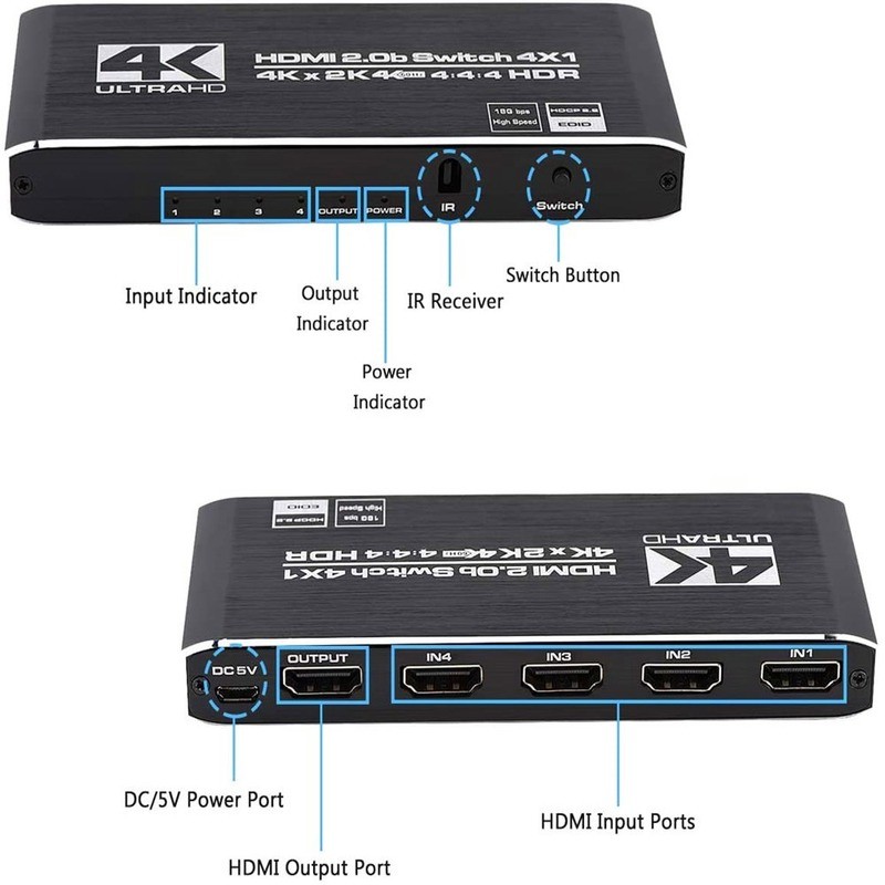 Switch 5 Port HDMI-compati IR Remote Control Switch 4 in 1 Out Switcher 4x1 Selector Support 4K@30Hz Ultra HD 3D