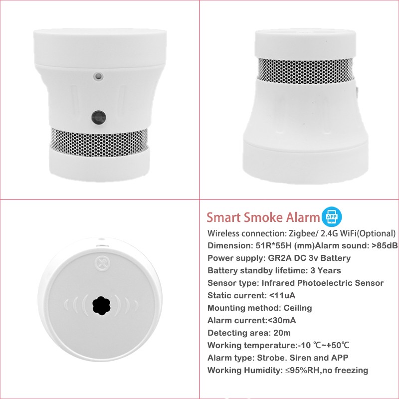 Zigbee smart smoke alarm safety protection wifi tuya sensitive control fire detector battery powered with sound and light alert