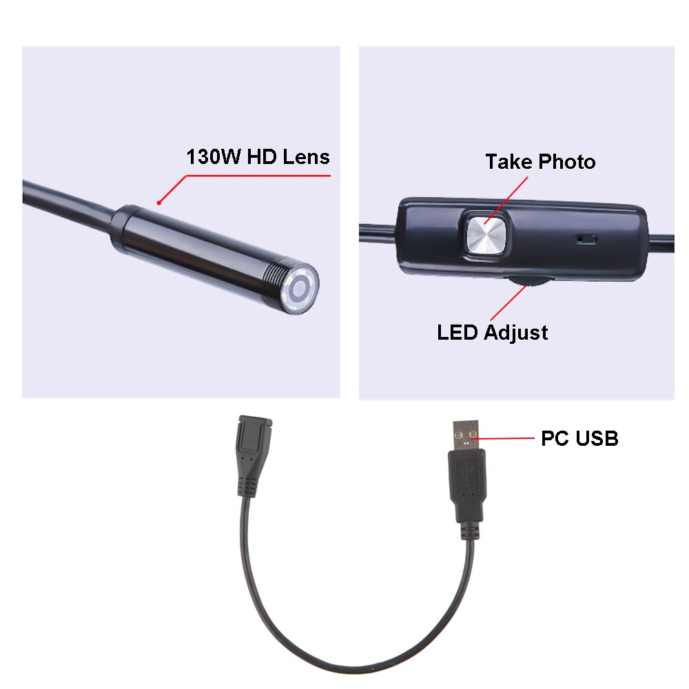 7mm Endoscope Camera Waterproof Mini 1M Soft USB LED Micro Endoscope for Car 6 LEDs Adjustable Sewer Camera Android/PC