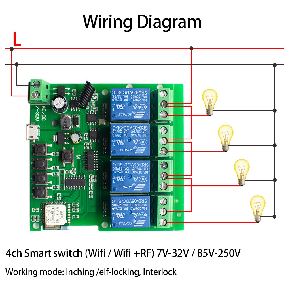 1/2/4 CH Smart WiFi Light Switch Garage Door Opener Breaker Module 12V 24V 220V RF Receiver Tuya Remote Control Work with Alexa