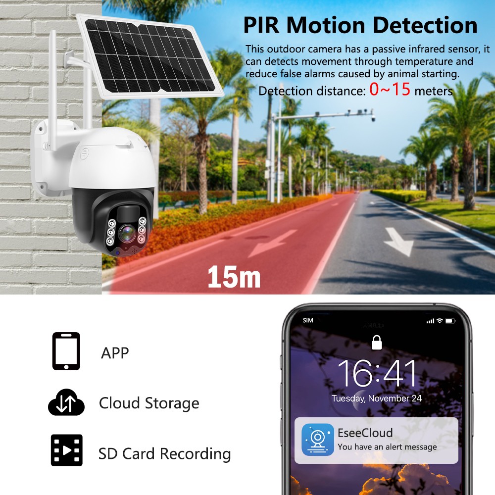 Solar PTZ IP WIFI HD 3MP/8W Outdoor Security Camera Wireless Security Device With Rechargeable Battery