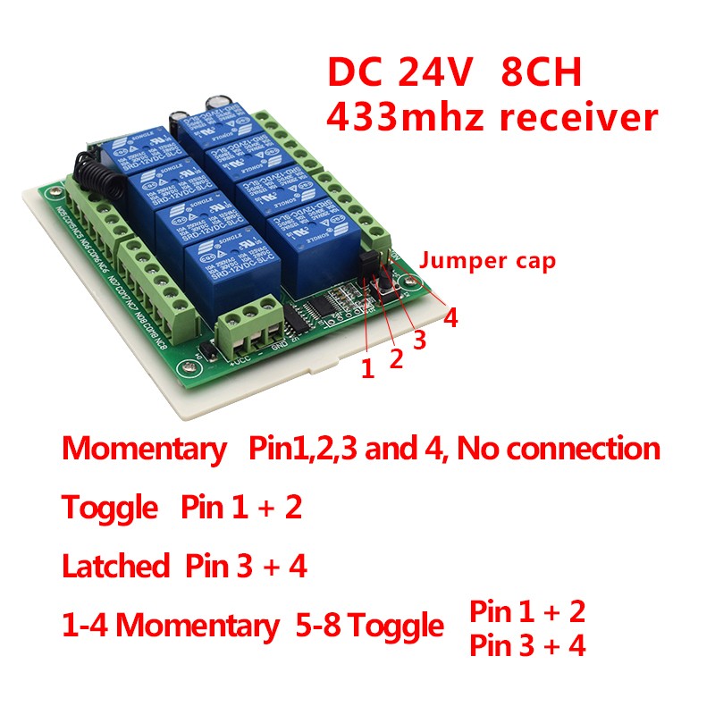 433MHz DC 24V 8 Channel Relay Module Wireless RF Remote Control Switch Transmitter + Receiver