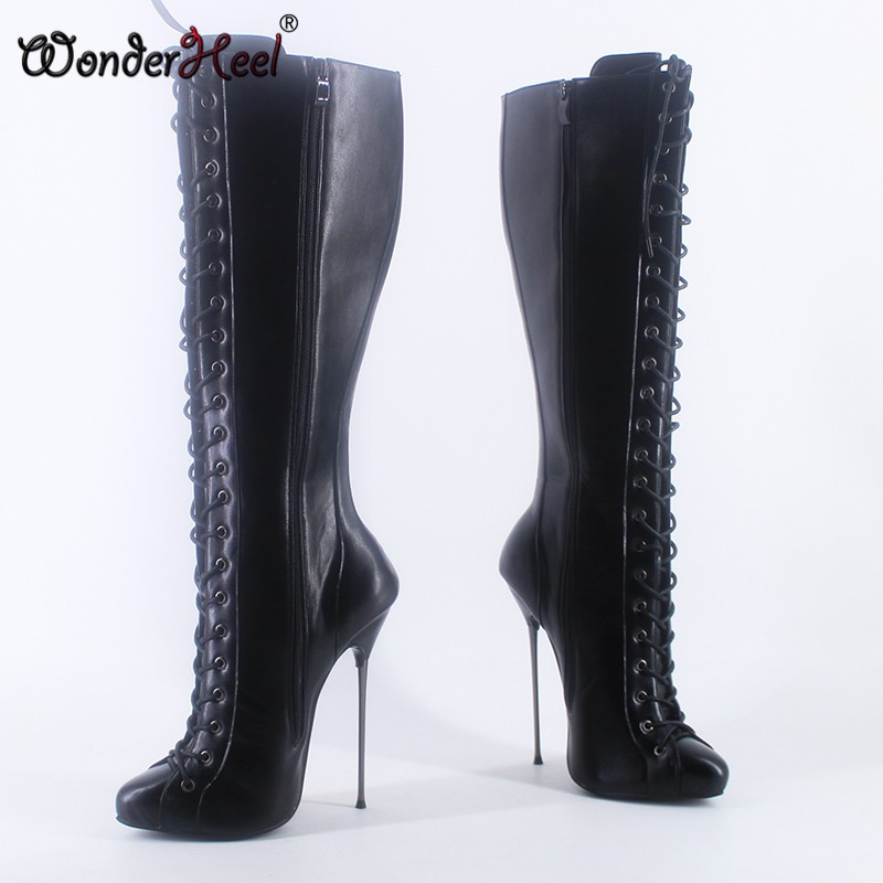 Wonderham 2021 new 16cm ultra-thin heel extreme high heels matte leather sexy wonder girls nightclub lace up knee high boots