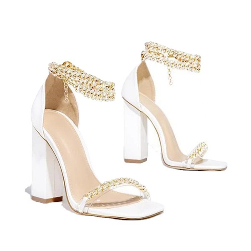 Fashion Ins Style Ladies Solid Strap Lace Up Sexy Casual Women's Shoes Block Metal Chain Heel Sandals