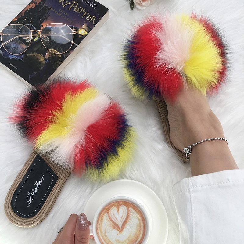 Real Fox Fur Slides Summer Women Faux Espadrilles Slippers Ladies Fluffy Flip Flops Luxury Furry Sandals Shoes 36 37 38 39 40