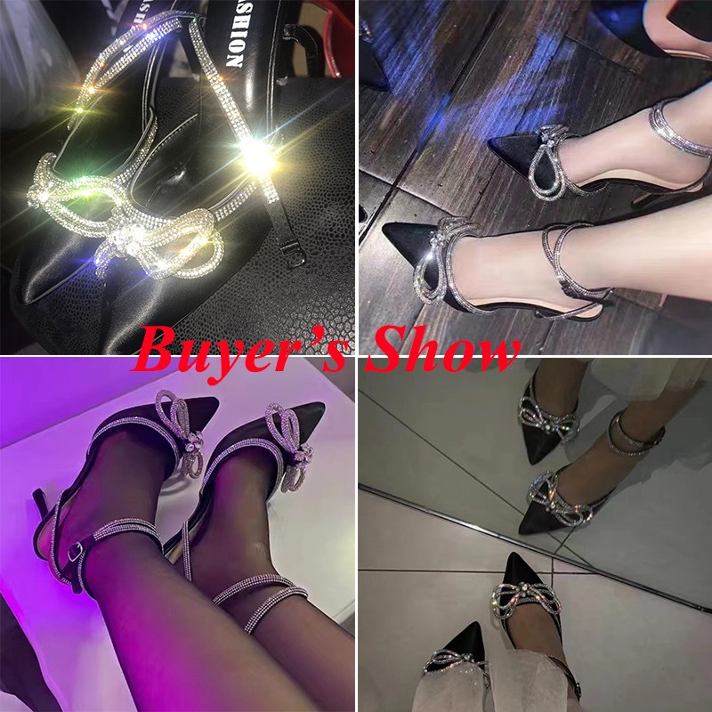 Lucifer Shiny Crystal Bowknot Ankle Strap Pumps Women Sexy Stiletto High Heels Party Wedding Shoes Woman Pointed Toe Sandals