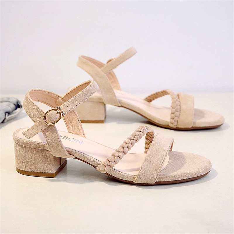 Pofulove Beige Boxes Mid Muffin Women Summer Shoes Female Fashion Open Toe Buckle Casual Sandals Square Heel Women's Shoes 2022