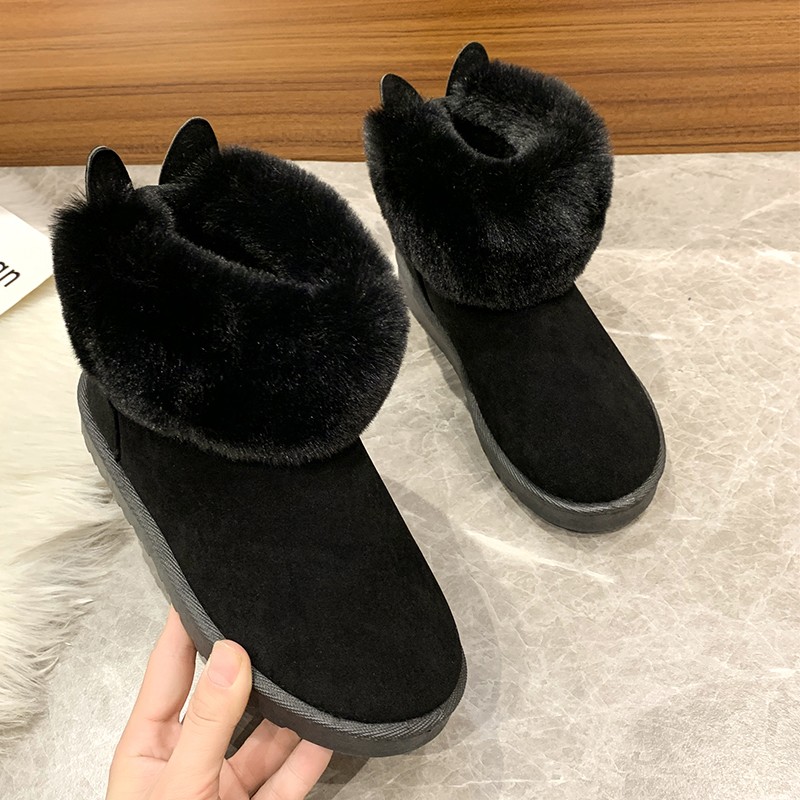 2022 Autumn Winter New Snow Cotton Shoes Cuffs Flat Bottom Short Boots Big Fur Black Warm Velvet Women Boots