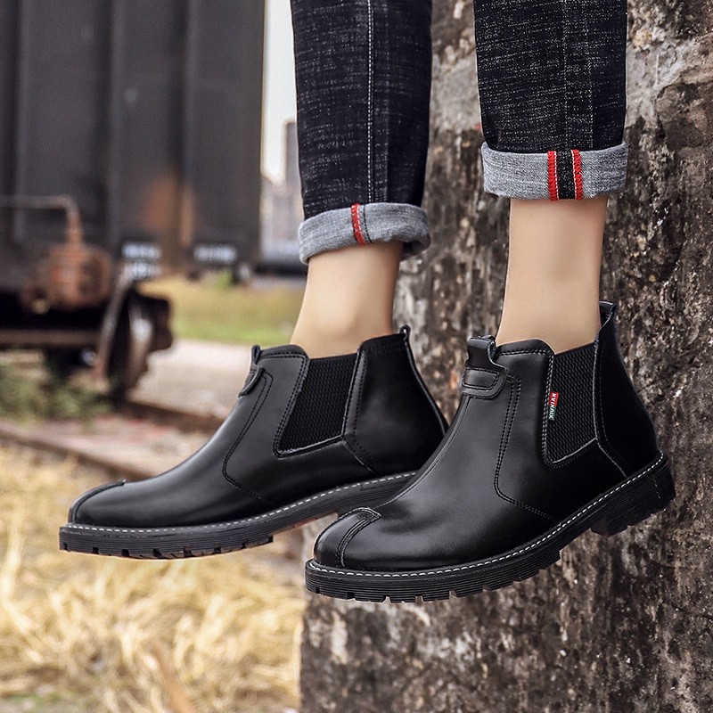 High Quality Men's Leather Chelsea Boots Men's Fashion Rubber Shoesr Non-slip Sole Autumn Casual Shoes Stretch 2021 Spring