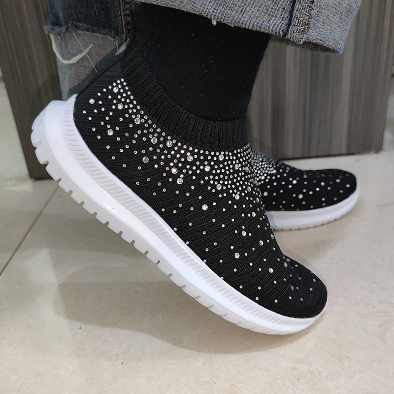 Rimocy Shining Crystal Flats Women Spring Breathable Knit Platform Sneakers Woman Comfortable Soft Bottom Non-slip Sneakers