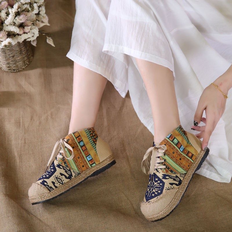 Embroidered Women Shoes Boho Cotton Linen Single Canvas National Woven Round Toe Lace Up Cloth Shoes Woman Flats Size 35-40