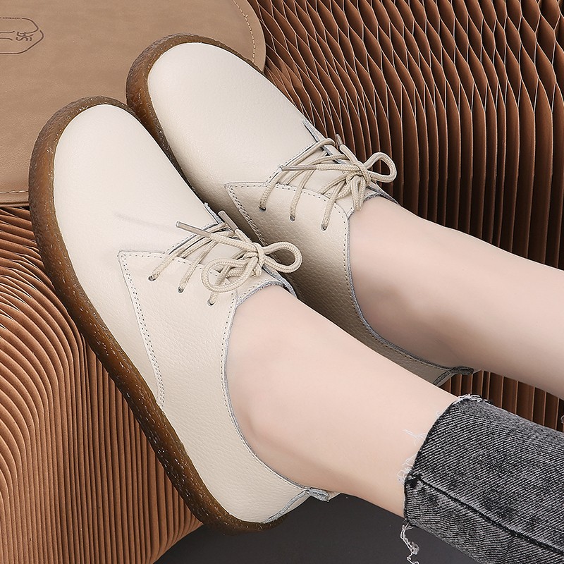 Loafers Ladies Genuine Leather Spring New Lace-up White Shoes Women Fashion Casual Soft Sole Flat Shoes Women Ballet Flats