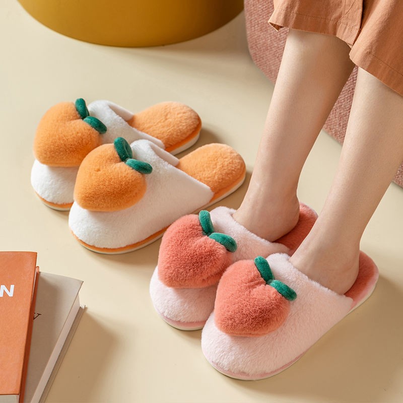 Slippers for Home Peach Chinelos Women Flip Flops Cartoon Fur Winter Warm Non-slip Floor Kawaii Shoes