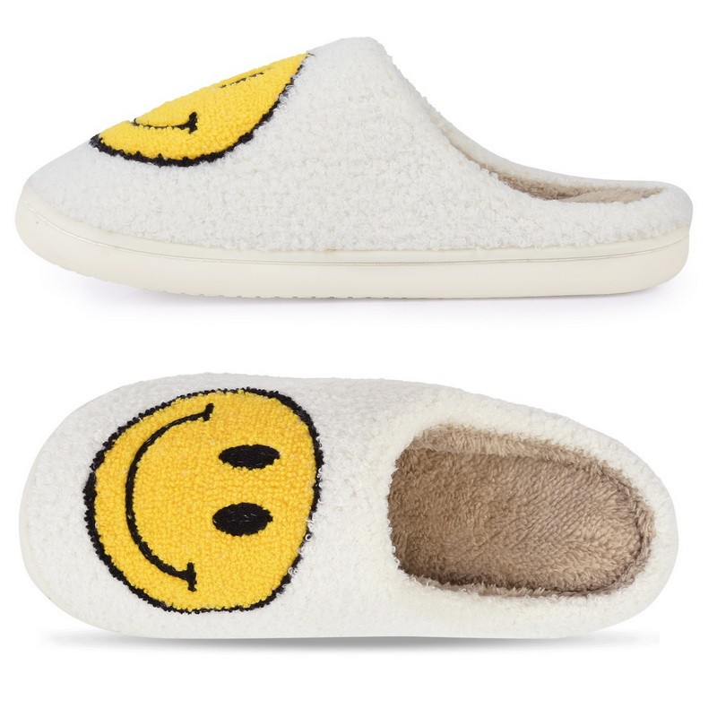 Winter Women Slippers Fluffy Smiley Face Slippers Fur Warm Couple Cotton Shoes Home Indoor Thick-soled Non-slip Floor Shoes 2022