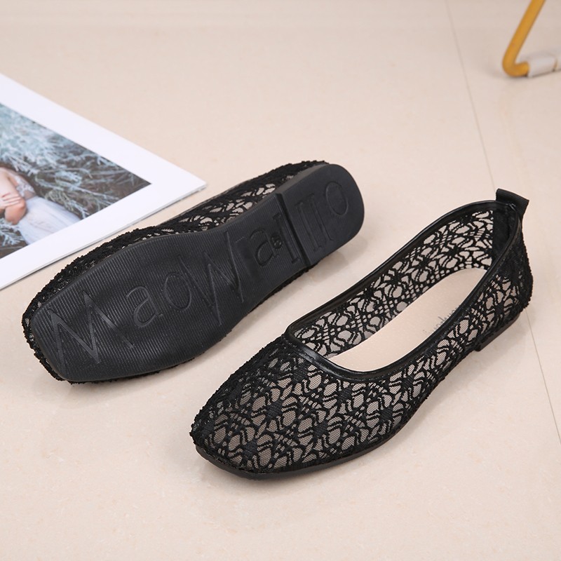 Women Transparent Lace Soft Flats Ladies Square Toe Sexy Black Boat Shoes Summer Breathable Beige Non-slip Flat Shoes 35-40