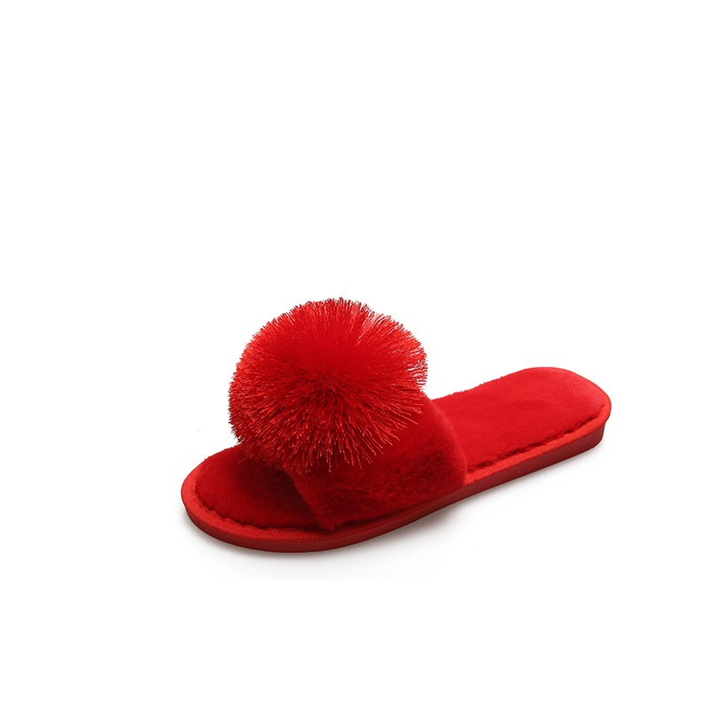 Women Fluffy Slippers 2021 Women's Fur Ball Flip Flops Non-slip Indoor Plush Floor Flat Slippers Open Toe Casual Cotton Slippers