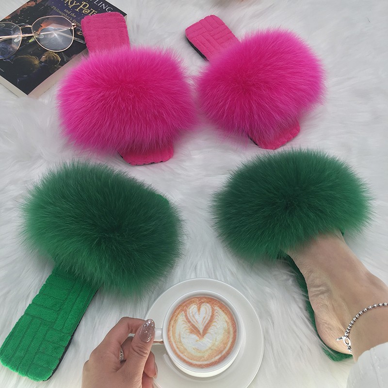 Summer Women Slippers Cotton Fabric Real Fur Flip Flops Fancy Sandals Ladies Faux Fur Slippers 2022 Home Shoes Woman