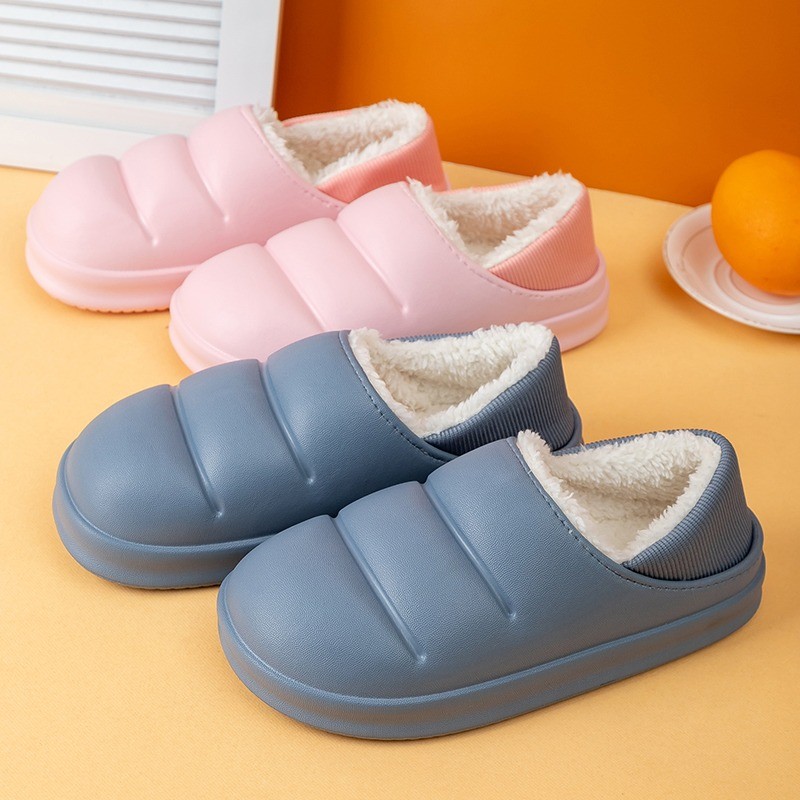 Winter Women Fur Slippers Waterproof Warm Plush Household Slides Indoor Home Thick Sole Shoes Non-slip Solid Couple Sandals