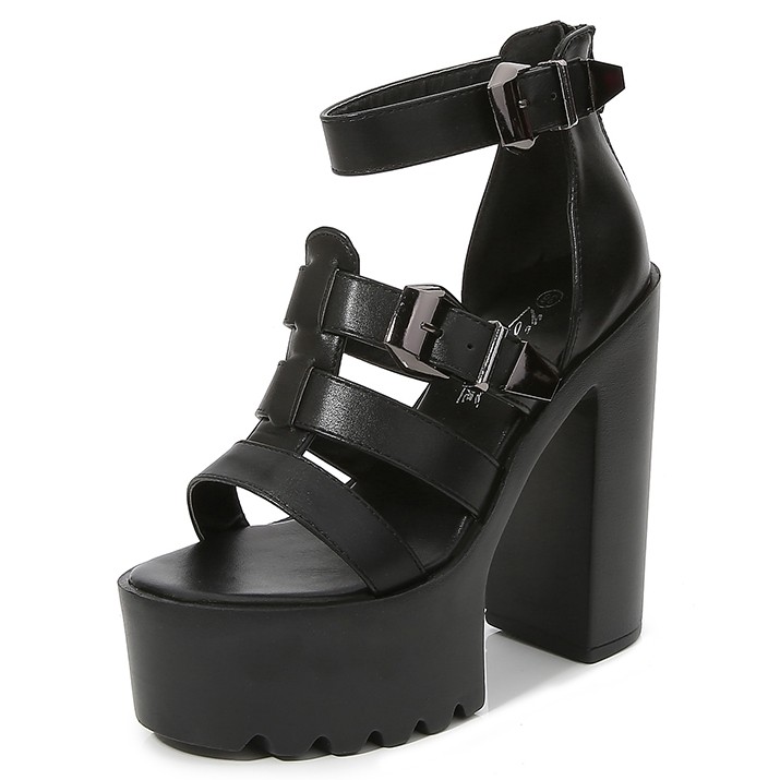 Women Sandals New Summer Casual Black Chunky Gladiator Shoes Open Toe Thick Platform High Heels Ankle Strap Buckle Shoes G0028