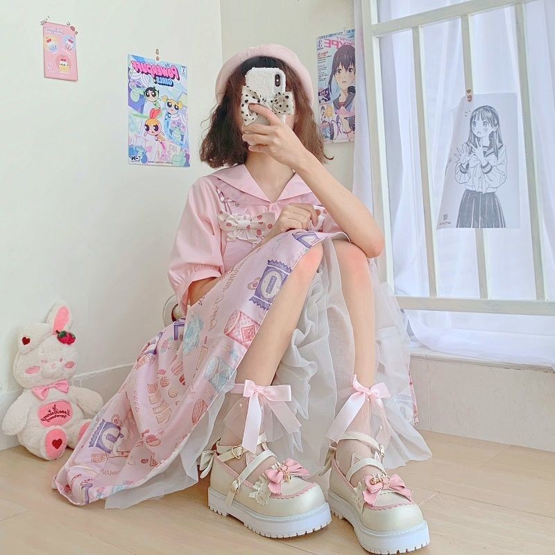 Kawaii Women's Platform Sandals Bow Patchwork Zapatillas Mujer 2022 Spring Japanese Style Buckle Bells Girls Lovely Lolita Shoes