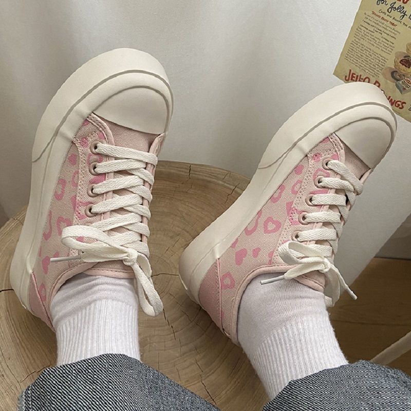 Fashion 2022 Pink Heart Print Canvas Sneakers Spring Zapatillas Mujer Students Daily Shoes Woman Vulcanize Shoes