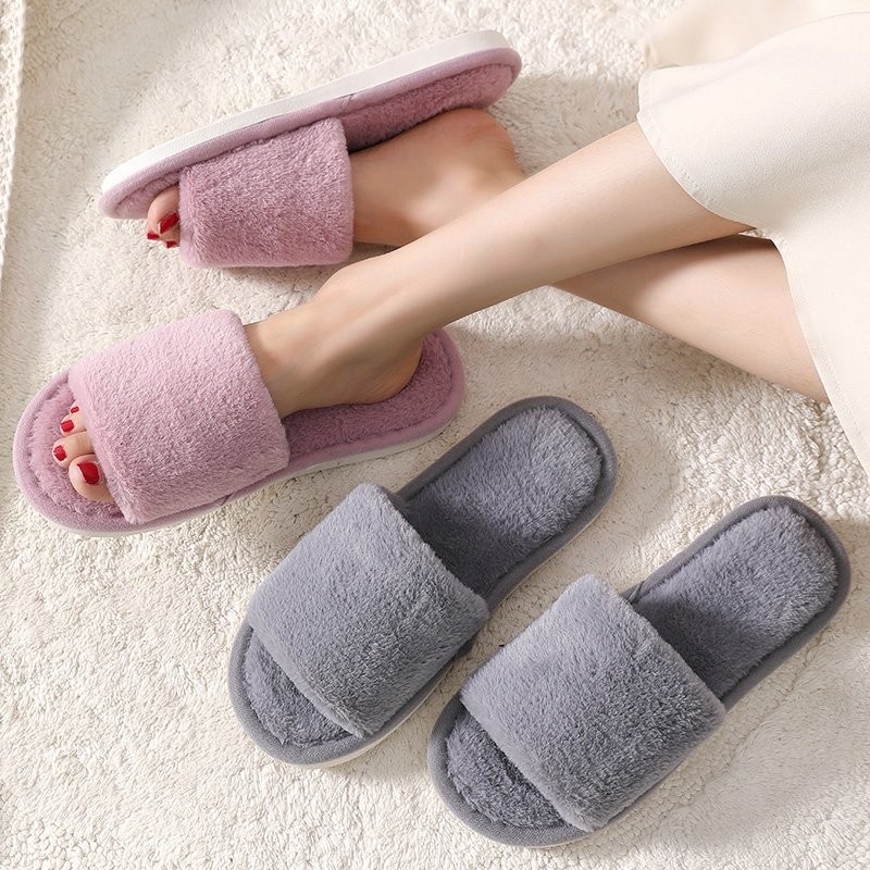 2021 Fashion Soft Fur Slippers Slides Home Indoor Floor Shoes Solid Volvi Slippers for Bedroom Open Toe Comfortable Shoes Women Gray