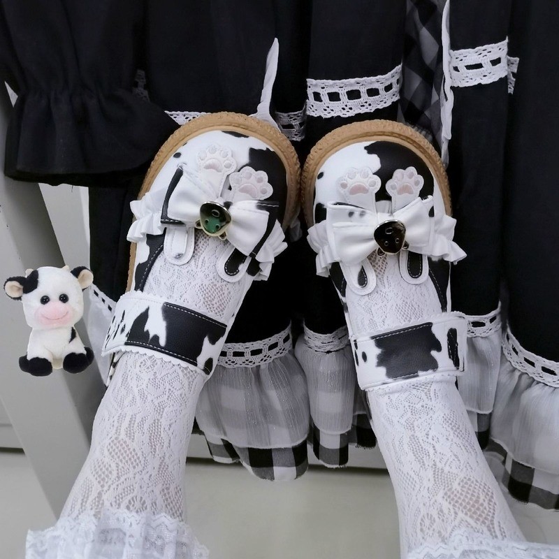 Kawaii Cow Print Girls Mary Janes 2022 Japanese Style Patchwork PU Bow Lolita Spring Shoes Black White Lace Zapatillas Mujer