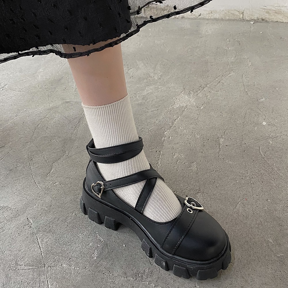 Sweet Lolita Platform Shoes Round Head Thick Heel Cross Bandage Shoes Women Kawaii Shoes Cosplay Mary Jane Shoes Heart Buckle S1